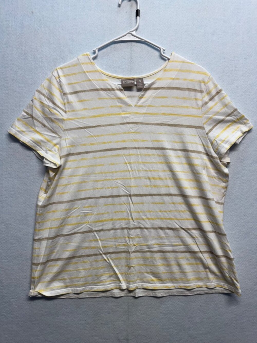 Chicos Yellow & White Striped Short-Sleeve V-Neck Top Size 3